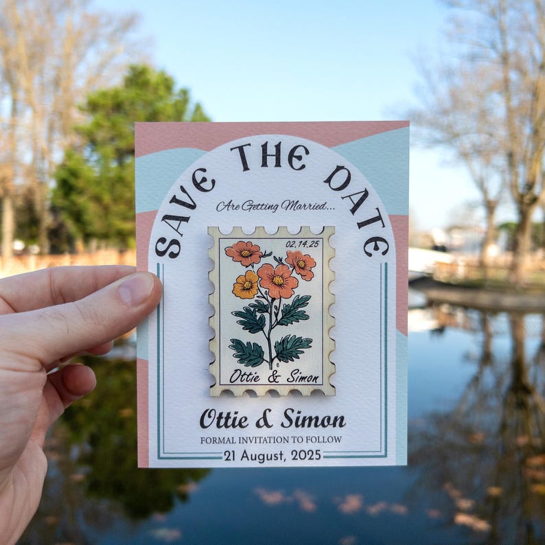 Floral Postage Stamp Save the Date Magnets, Unique Bulk Save the Dates Souvenir Gift for Guest Special Design Personalized Card and Envelope