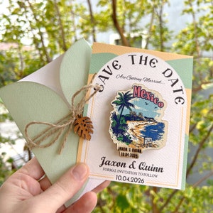 Mexiko Country Save the Date Magnet Tulum Rustikaler Holzmagnet Spezielles Design Personalisierte Karte und Umschlag Save the Dates Magnet mit Karte