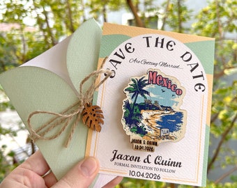 Mexico Save the Date Magnet: Tulum, Rustic Wooden Card