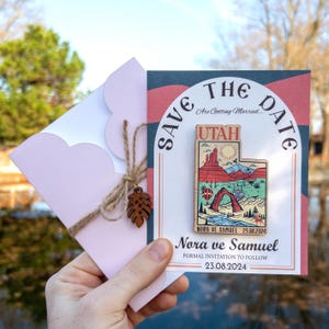 Aimant "Retenez cette date" de l'Utah, cadeau de mariage rustique personnalisé sur le thème de la montagne Aimant "Retenez cette date" Carte et enveloppe personnalisées au design spécial