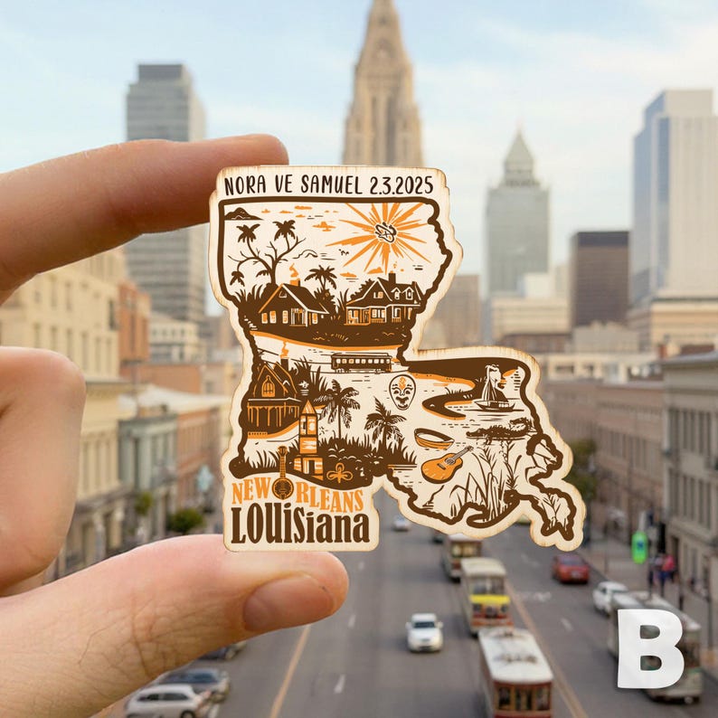 New Orleans Louisiana Wedding Favor, NOLA Thank You Card Magnet, Rustic Postage Destination Wedding Keepsake