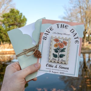 Floral Postage Stamp Save the Date Magnets, Unique Bulk Save the Dates Souvenir Gift for Guest Special Design Personalized Card and Envelope