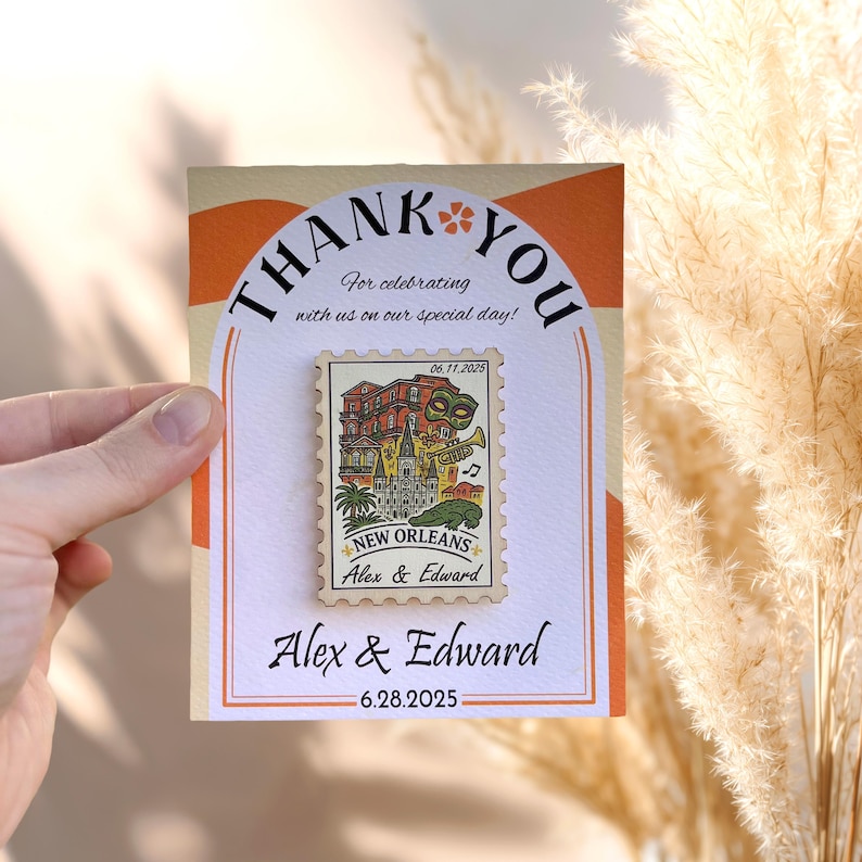 New Orleans Louisiana Wedding Favor, NOLA Thank You Card Magnet, Rustic Postage Destination Wedding Keepsake