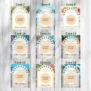 May include: Nine wooden magnet wedding invitations with various tropical floral and palm tree designs. Each magnet features the text "Wooden Magnet" and names with dates. The invitations are arranged on a light wood background.