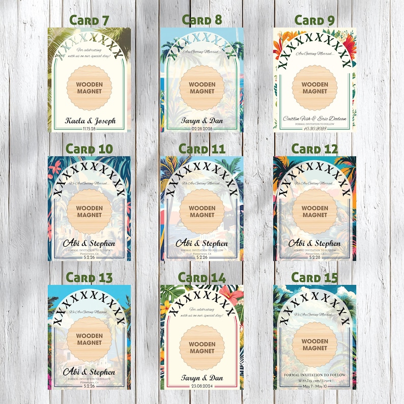 May include: Nine wooden magnet wedding invitations with various tropical floral and palm tree designs. Each magnet features the text "Wooden Magnet" and names with dates. The invitations are arranged on a light wood background.