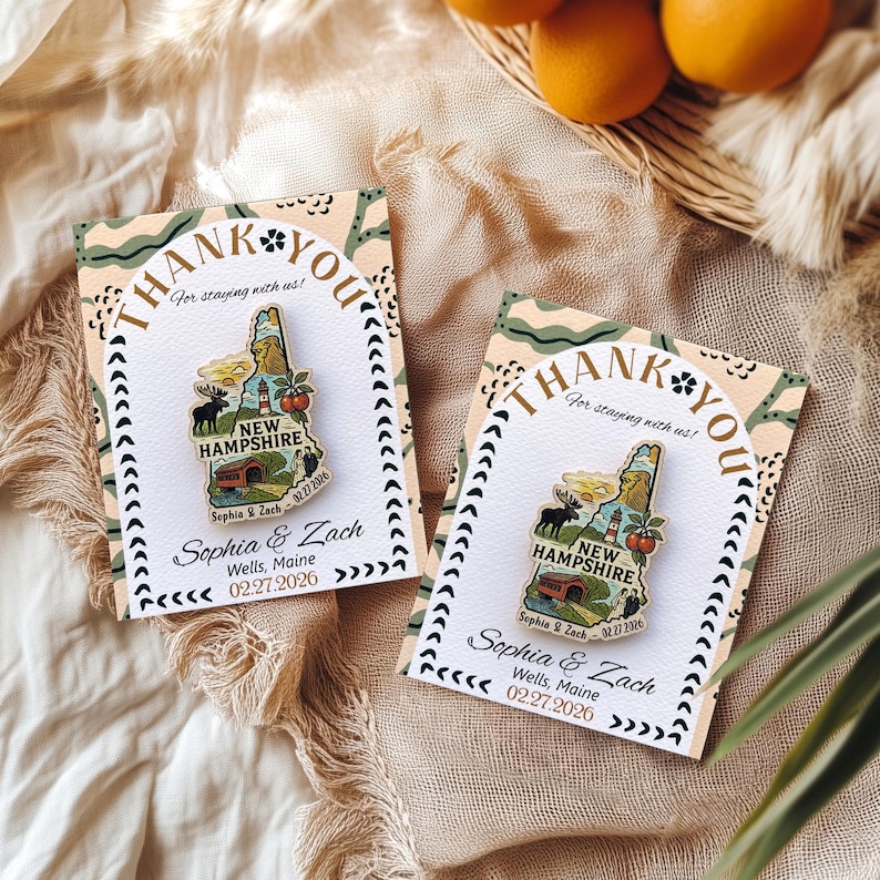 New Hampshire Wooden Magnet Wedding Favor Thank You Card, Rustic New England Destination Wedding Gift
