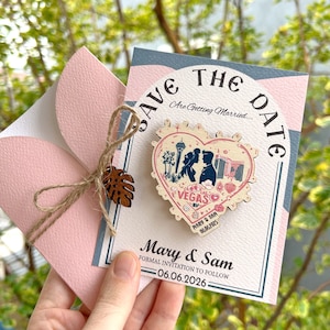 Ímã de madeira rústica para salvar a data do estado de Nevada, lembrança de casamento em Las Vegas, ímã para salvar as datas, design especial, cartão personalizado e envelope
