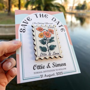 Imanes para guardar la fecha con sellos postales florales, regalo único de guardar la fecha al por mayor para invitados, diseño especial, tarjeta y sobre personalizados