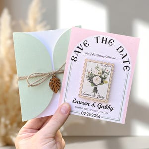 Floral Postage Stamp Save The Date Magnet, Wooden Wedding Announcement, Personalized Bulk Magnet