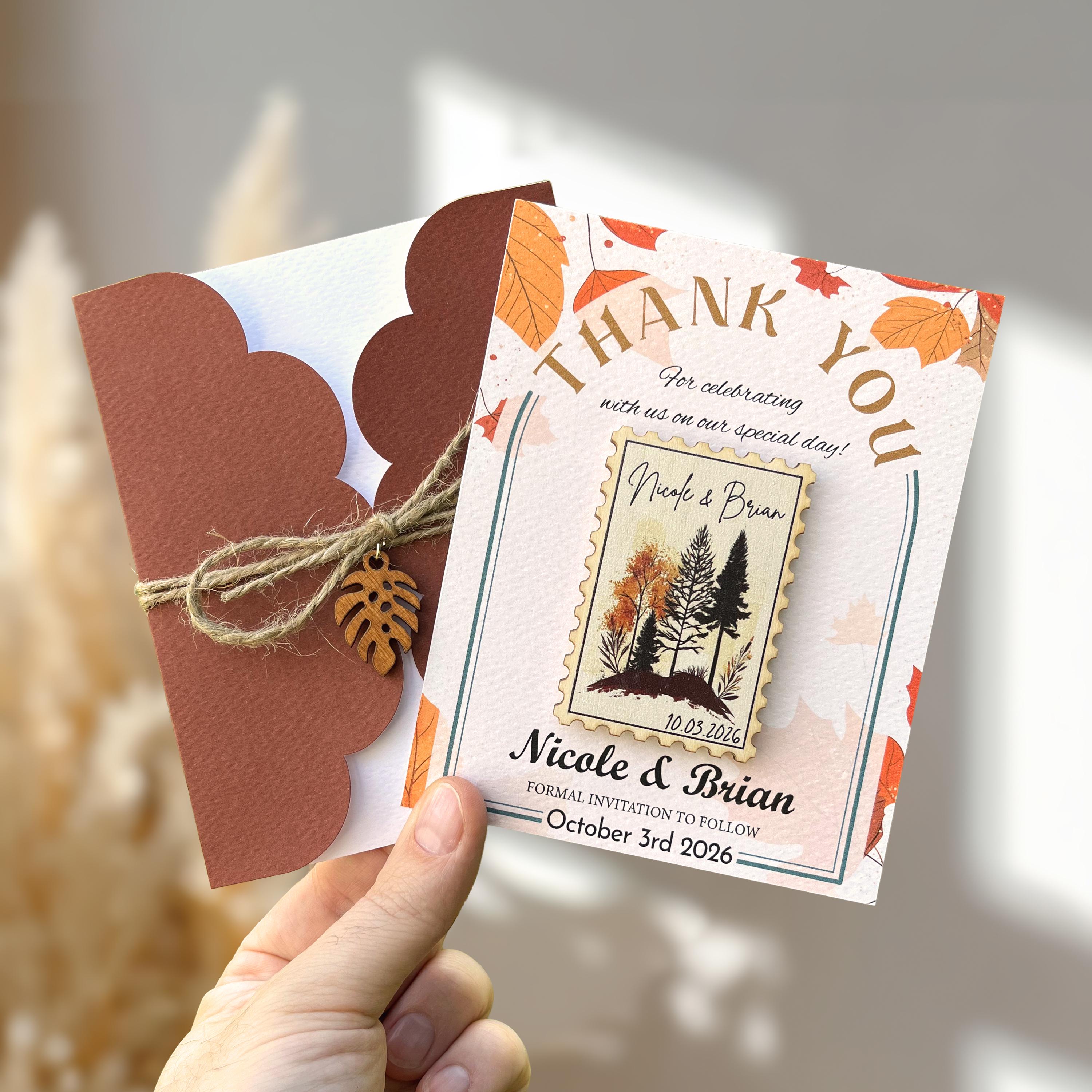 Autumn Wedding Thank You Card, Rustic Wooden Magnet Favor - Etsy