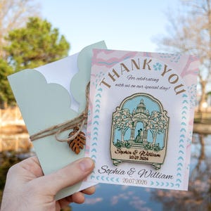 Aimants de remerciement église, manoir de mariage rustique aimant en bois cadeau cadeau en gros pour les invités Enveloppe de carte personnalisée design spécial