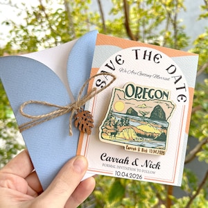 Aimant "Retenez cette date" de l'Etat de l'Oregon Unique pour mariage de l'Oregon, "Retenez ces dates" Magnet en bois Idée cadeau Carte et enveloppe personnalisées design spécial