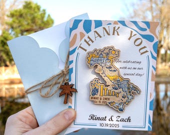 Italy Thank You Magnets, Rustic Bulk Wedding Favor Gift Country Shape Wooden Magnet for Guests Special Design Personalized Card and Envelope