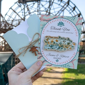 Ímãs de agradecimento de Porto Rico, lembrança de casamento exclusiva em massa, ímã de madeira para convidados, design especial, cartão personalizado e envelope