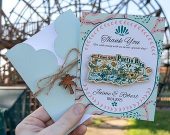 Puerto Rico Thank You Magnets, Unique Bulk Wedding Souvenir Favor Wooden Magnet for Guests Special Design Personalized Card and Envelope