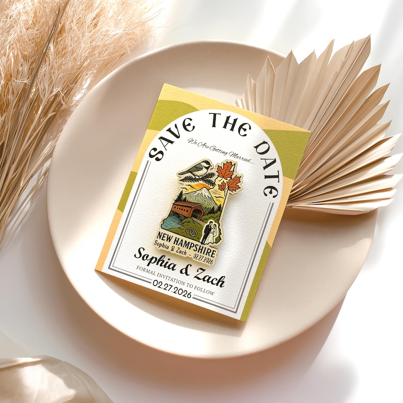 New Hampshire Wooden Magnet Save The Date Card, Rustic New England Destination Wedding invitation
