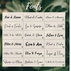 May include: A grid of font samples with names in various styles. The word "Fonts" is at the top. Names include Leo & Luna, Noah & Emilia, Liam & Amara, and others. The background is a blurred green.