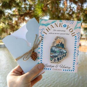 Cadeau de mariage en gros dans le Maine, aimants de remerciement d'État, cadeau unique d'aimant en bois d'État pour les invités carte et enveloppe personnalisées au design spécial