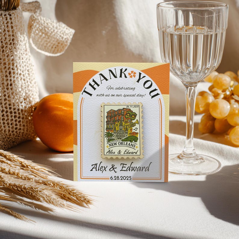 New Orleans Louisiana Wedding Favor, NOLA Thank You Card Magnet, Rustic Postage Destination Wedding Keepsake