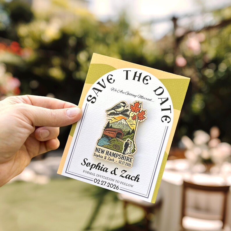 New Hampshire Wooden Magnet Save The Date Card, Rustic New England Destination Wedding invitation