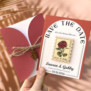 Rose Postage Stamp Save the Date Wooden Magnets, Bulk Wedding Save the Dates Gift, Special Flower Design Personalized Card and Envelope