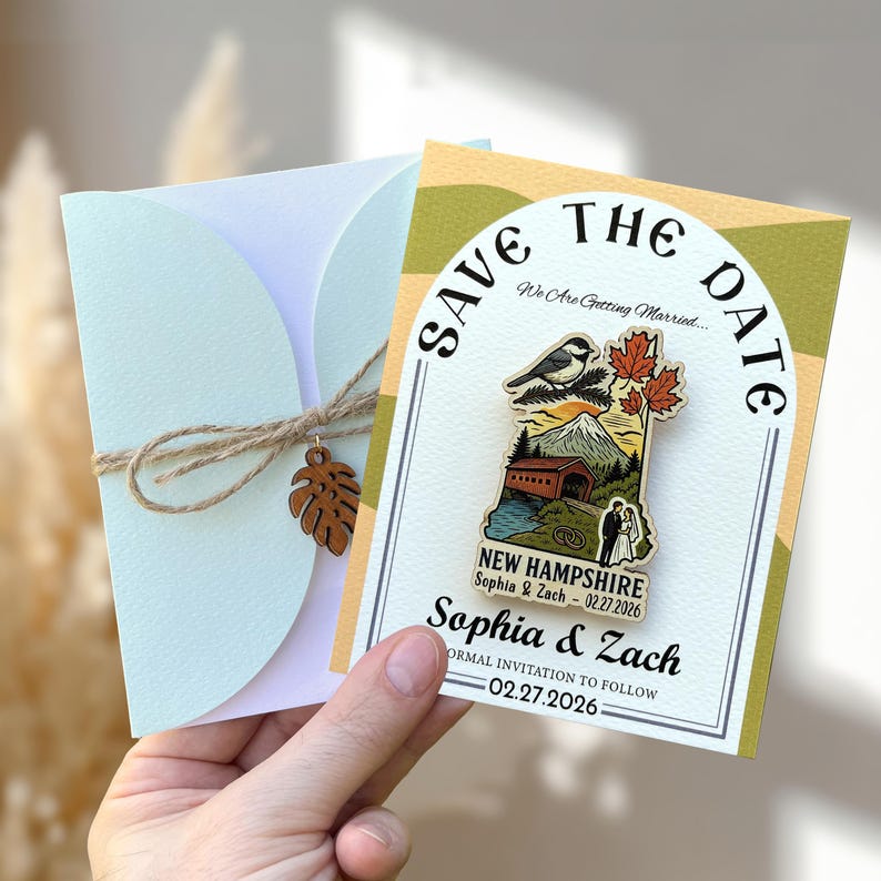 New Hampshire Wooden Magnet Save The Date Card, Rustic New England Destination Wedding invitation
