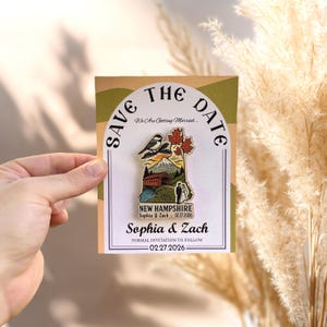 New Hampshire Wooden Magnet Save The Date Card, Rustic New England Destination Wedding invitation