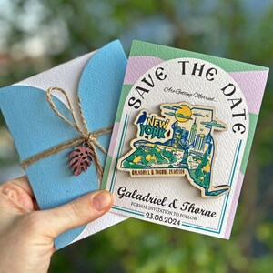 Magnete in legno Save the Date dello stato di New York Magnete in legno rustico Design speciale Biglietto e busta personalizzati