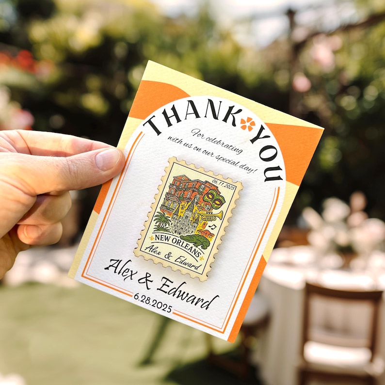 New Orleans Louisiana Wedding Favor, NOLA Thank You Card Magnet, Rustic Postage Destination Wedding Keepsake
