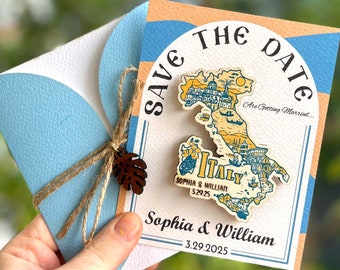 Wooden Italy Map Save the Date Magnet, Personalized Card
