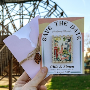 London Briefmarke Save the Date Magnete, Einzigartige Masse Save the Dates Souvenir Geschenk für Gäste Spezielles Design Personalisierte Karte und Umschlag