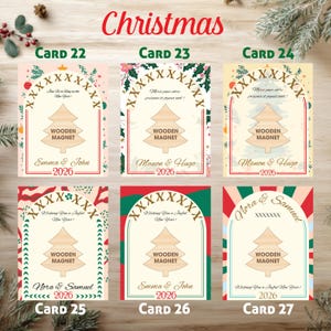 May include: A collection of Christmas-themed wooden magnets. Each magnet features a wooden Christmas tree design, the words "Wooden Magnet", and a personalized name and year. The cards have various decorative borders and text.