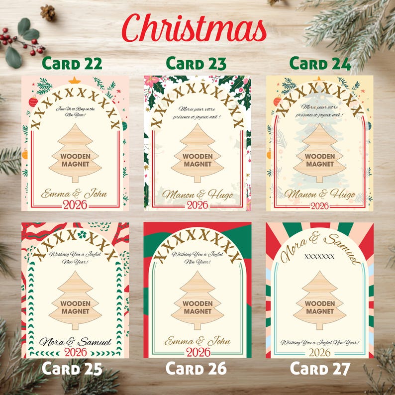 May include: A collection of Christmas-themed wooden magnets. Each magnet features a wooden Christmas tree design, the words "Wooden Magnet", and a personalized name and year. The cards have various decorative borders and text.