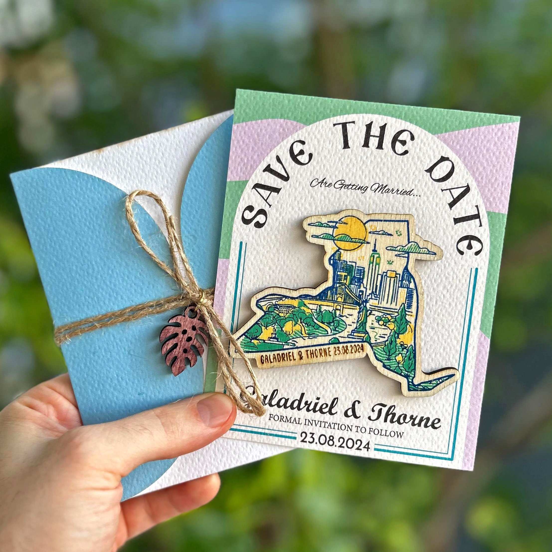 Wooden New York State Save the Date Magnet Rustic Wooden Magnet Special Design Personalized Card and Envelope