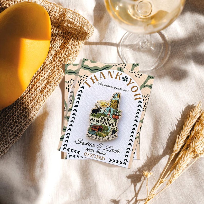 New Hampshire Wooden Magnet Wedding Favor Thank You Card, Rustic New England Destination Wedding Gift