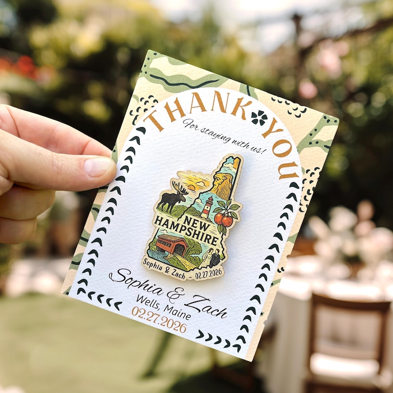 New Hampshire Wooden Magnet Wedding Favor Thank You Card, Rustic New England Destination Wedding Gift