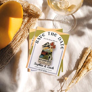 New Hampshire Wooden Magnet Save The Date Card, Rustic New England Destination Wedding invitation