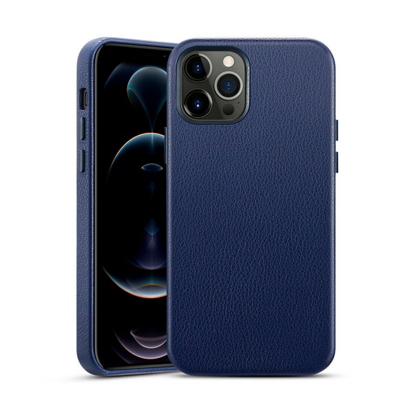 artPhone Echtes Leder iPhone 12 Pro Max Hülle in Schwarz/Blau/Weiss mit hoher Qualität und Luxus-Look