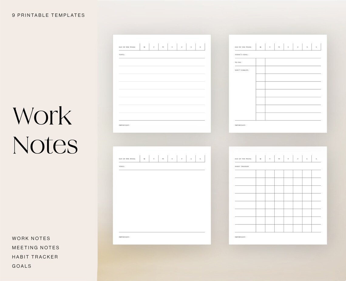 Printable PDF Work notes template 9 templates Instant | Etsy