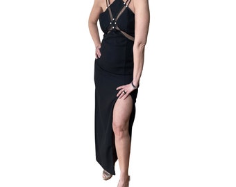 Black Fitted Crepe Halter Cocktail Dress With Peek-A-Boo Mesh With Real Crystals