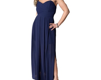 Navy blue crepe strapless asymmetrical bodice long dress with shorter underskirt