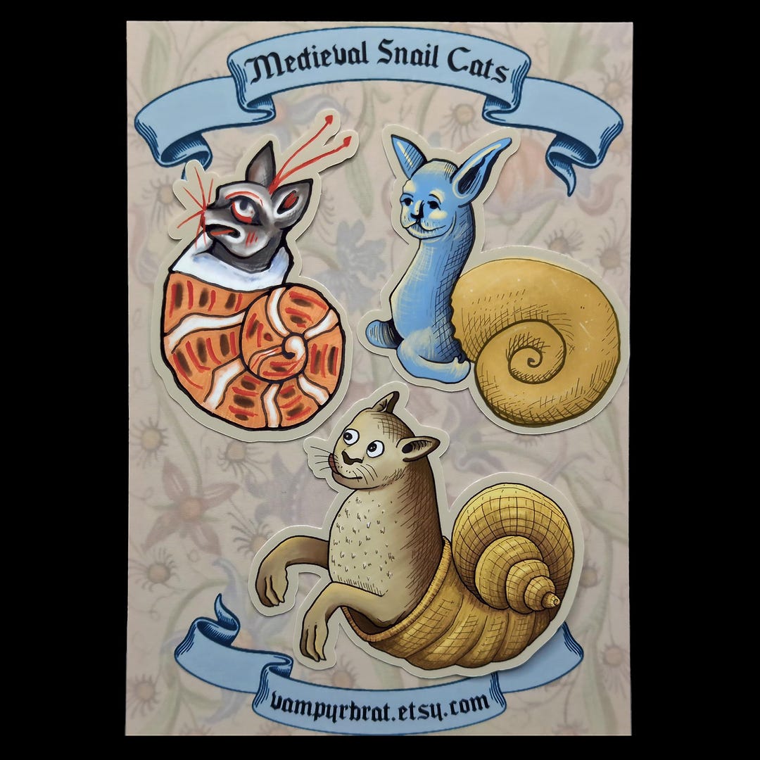 Cat Snail Sticker Set - Funny Medieval Stickers - Illustrated ...