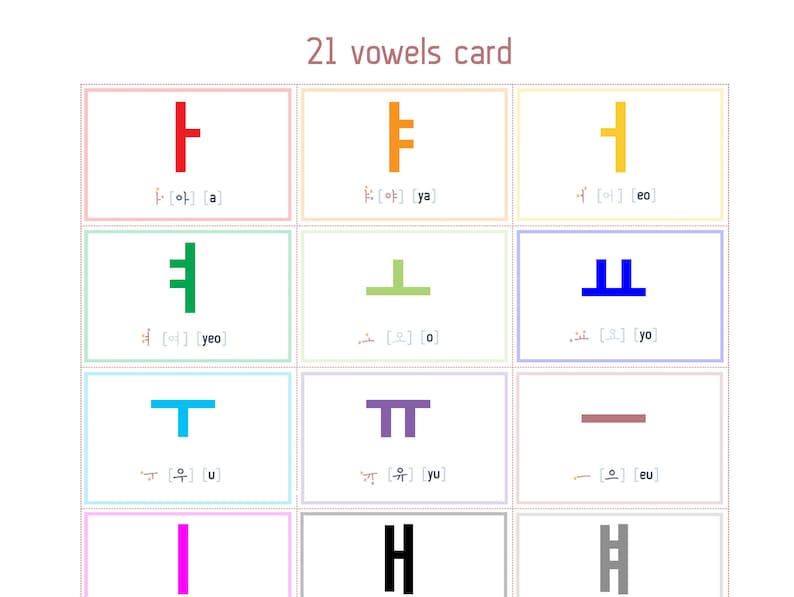 21 vowels hangul flashcard for kid & starter learning Korean words