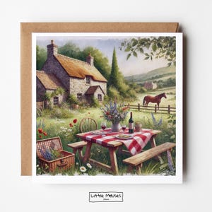 Country Cottage Picnic Greeting Card – Rustic Countryside Landscape with Horse, Flowers & Wine