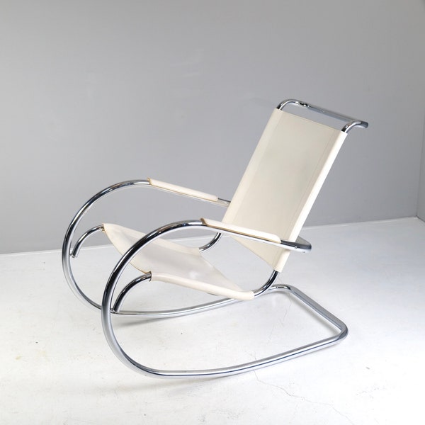 Fotel bujany Bauhaus firmy Fasem Italy, zaprojektowany przez Miesa van der Rohe, fotel bujany z chromowanej skóry, fotel Bauhaus
