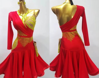 Red and Yellow Latin Dance Dress Rhythm Dance Dress with Open Back L0092