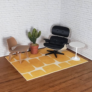 Poppenhuis halverwege de eeuw moderne mini vintage look Scandinavisch hoogpolig vloerkleed, schaal 1:12