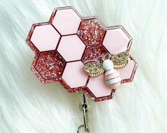 Bee Badge Reel - Honeycomb Bee Badge Reel - Bumblebee Badge Reel - Nurse Badge Reel - Cute Badge Reel - Office Badge Reel - Rose Gold Badge