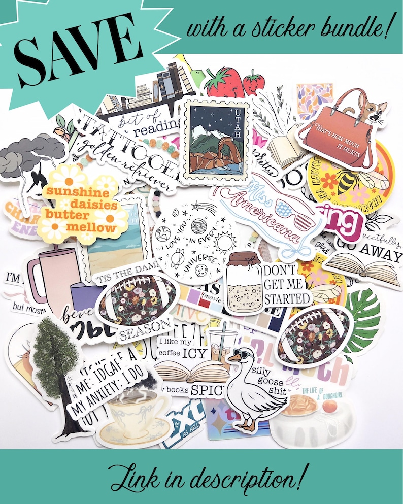 May include: A collection of colorful stickers with various designs, including a Utah stamp, a football with floral patterns, and text that reads "SAVE" and "Link in description!".