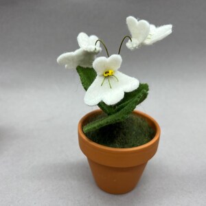 以下が含まれることがあります： 小さなテラコッタの鉢植えに飾られたフェルトフラワーアレンジメント。黄色い中心と緑の葉を持つ3つの白いフェルトの花が特徴です。鉢は緑の苔で満たされています。